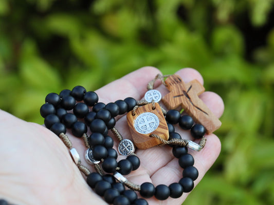 St Benedict rosary, black Saint Benedict rosary, handmade rosary, rosary for ma, olive wood St Benedict centerpiece rosary,gift for man