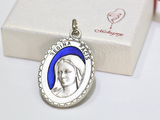 Medjugorje medal, Queen of Peace medal, Virgin Mary necklace,Divine Mercy medal, oval medal of Our Lady,Blue enamel necklace,gift for women