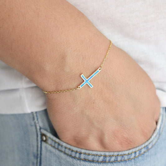 Sterling silver opal cross bracelet, dainty cross bracelet,blue opal charm bracelet, unique opal bracelet for women, Medjugorje blue cross