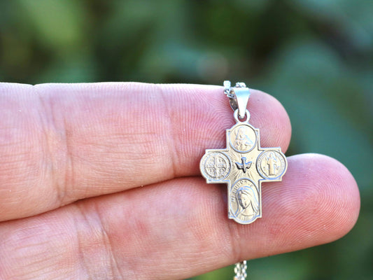 Four way cross pendant, catholic cross, sterling silver 925, dainty cross, scapular cross, St Benedict Holy Spirit cross, dainty 4 way cross