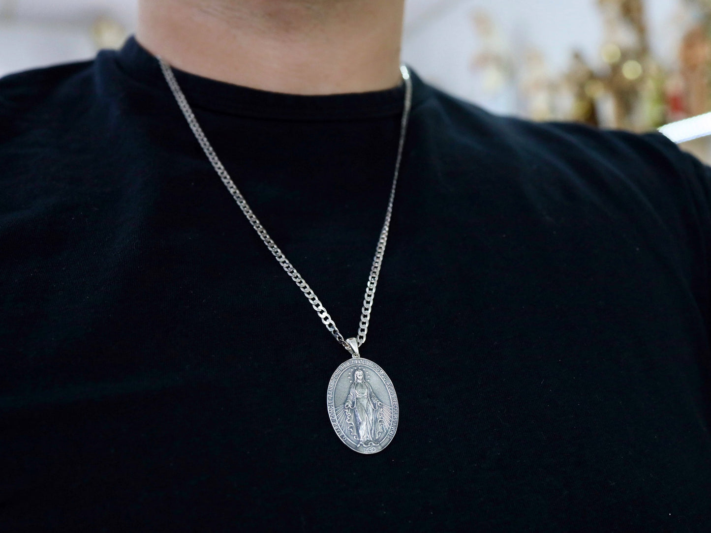 Large Miraculous Medal, sterling silver 925 medal, Our Lady of Grace medal, vintage looking medal for man, devotional catholic medal