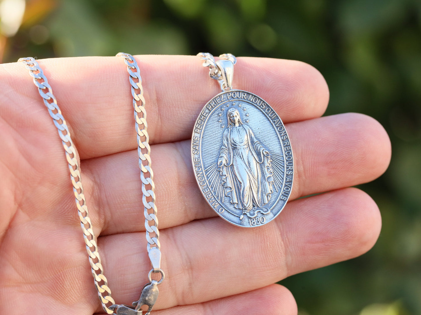 Large Miraculous Medal, sterling silver 925 medal, Our Lady of Grace medal, vintage looking medal for man, devotional catholic medal