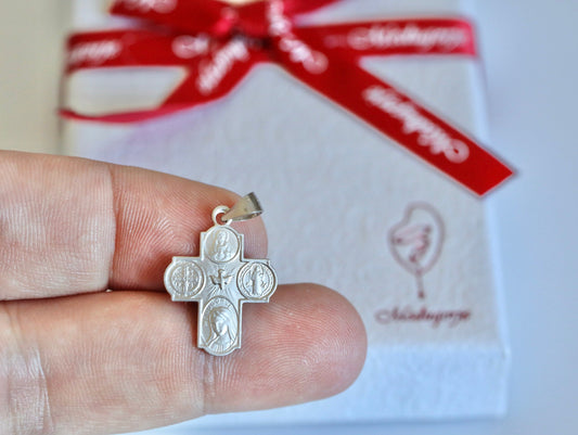 Small four way cross,4 WAY CROSS, sterling silver four way cross, cross with Sacred Heart Our Lady Holy Spirit and Saint Benedict