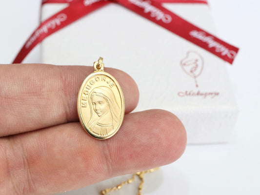 Queen of Peace pendant , Virgin Mary 18k gold plated over sterling silver  medal, medium size Our Lady medal for women, Medjugorje pendant