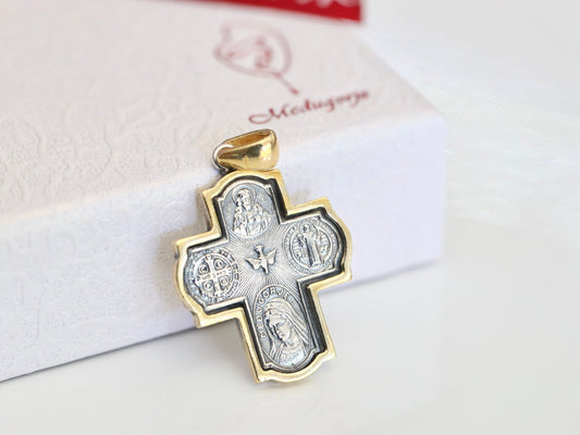 Four way cross for man, vintage sterling silver cross pendant for man,cross  St Benedict Sacred Heart Holy Spirit and Our Lady of Medjugorje