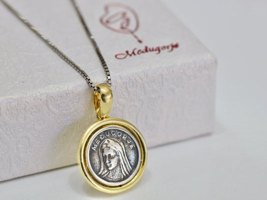 Medjugorje medal , Queen of Peace pendant,antiqued Mother Mary pendant with gold plating in silver, vintage pendant Our Lady of Medjugorje