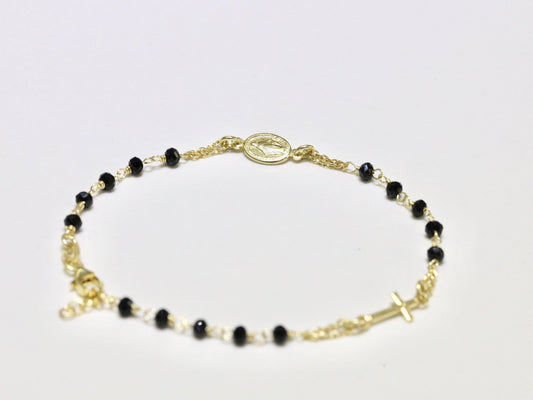 Rosary bracelet, black onyx Miraculous Medal bracelet, sterling silver 925 gold plated bracelet, minimalist rosary bracelet for teenage,