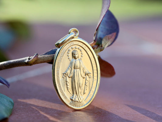 Sterling silver 20 mm Miraculous Medal 18 kt gold filled necklace, Our Lady of Grace silver and gold pendant, Medjugorje Miraculous Medal