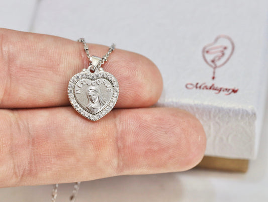 Queen of Peace necklace, Medjugorje medal, sterling silver 925,Our Lady of Medjugorje, Virgin Mary necklace, Heart shape Virgin Mary pendant