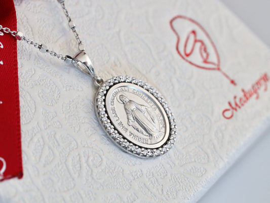 Sterling silver Miraculous Medal with zirconium, Our lady medal with cubic zirconia,Virgin Mary medal, Our lady of Grace, necklace for women