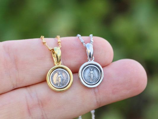 Miniature Miraculous Medal, sterling silver 925 Our Lady of Grace medal, catholic charm for teenage, dainty Miraculous Medal, two tone medal