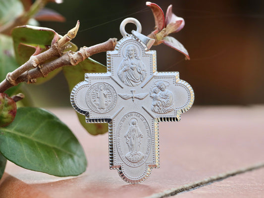 Four way cross for man, sterling silver four way cross, four way pectoral cross with catholic saints, four way cross with Miraculous Medal