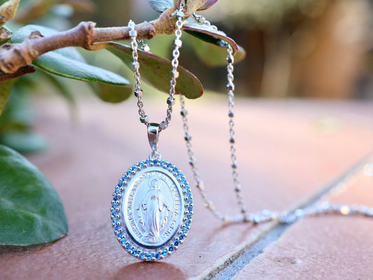 Sterling silver 925 Miraculous Medal with stones, Our Lady of Grace pendant, Medjugorje necklace,fine jewelry Lady of Grace necklace