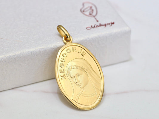 Sterling silver 18kt gold plated Our Lady of Medjugorje necklace pendant, 32mm pendant of Virgin Mary of Medjugorje, 18 inch necklace