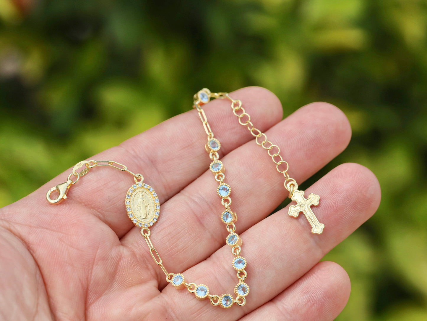 Miraculous Medal bracelet, sterling silver 925, 18 k gold plated rosary bracelet for women, light blue rhinestone rosary bracelet for women