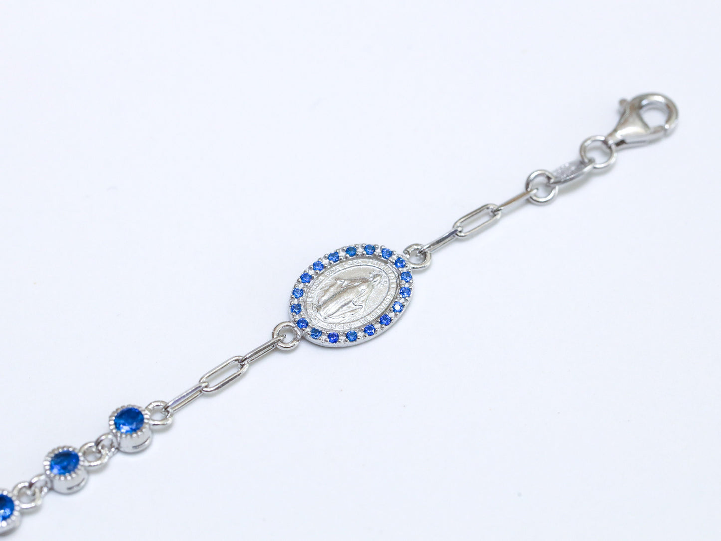 Miraculous Medal rosary, sterling silver 925, blue rhinestone rosary decade for women, solid silver catholic rosary bracelet, gift for mum