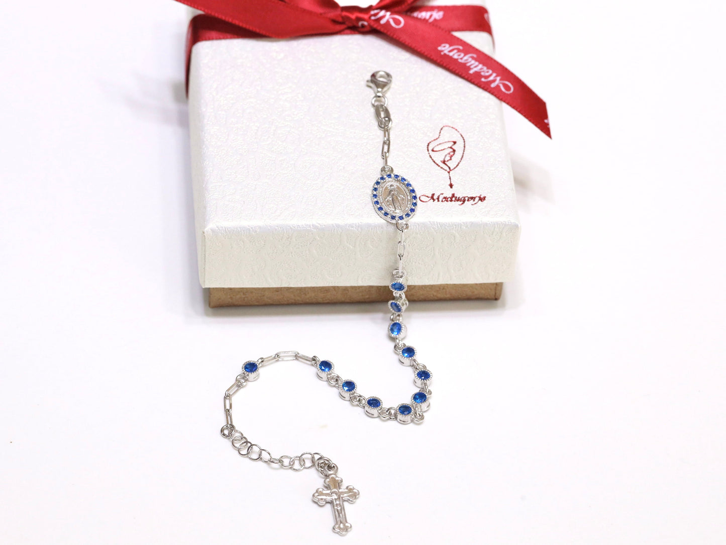 Miraculous Medal rosary, sterling silver 925, blue rhinestone rosary decade for women, solid silver catholic rosary bracelet, gift for mum