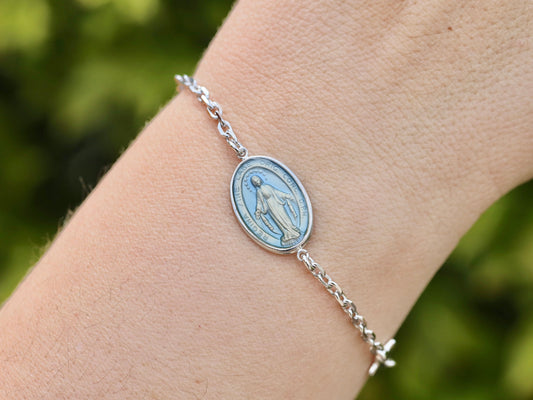 Large Miraculous Medal bracelet, sterling silver 925 , anchor chain bracelet, catholic medal bracelet for women, blue Miraculous Medal