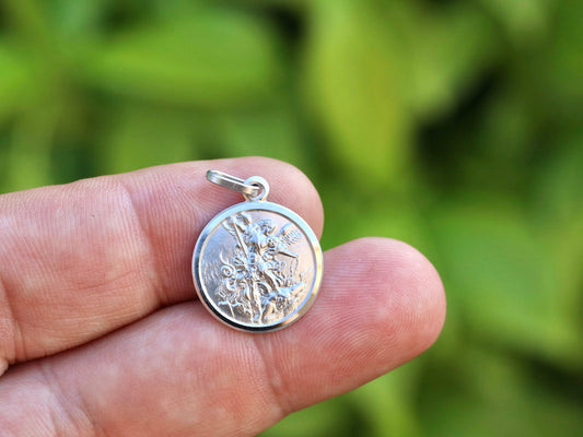 St Michael medal, sterling silver pendant, minted medal of St Michael, St Michael pendant in various sizes, Archangel Michael round pendant