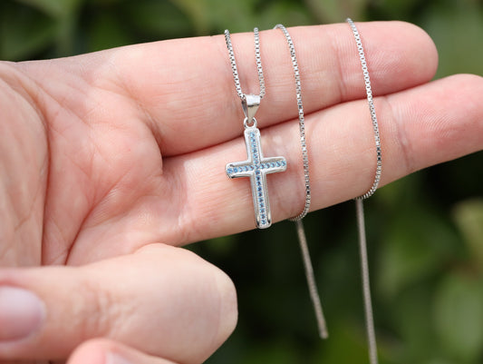 Sterling silver blue cross necklace, Medjugorje blue cross pendant, blue cubic zirconium cross necklace for ladies, Devine cross charm