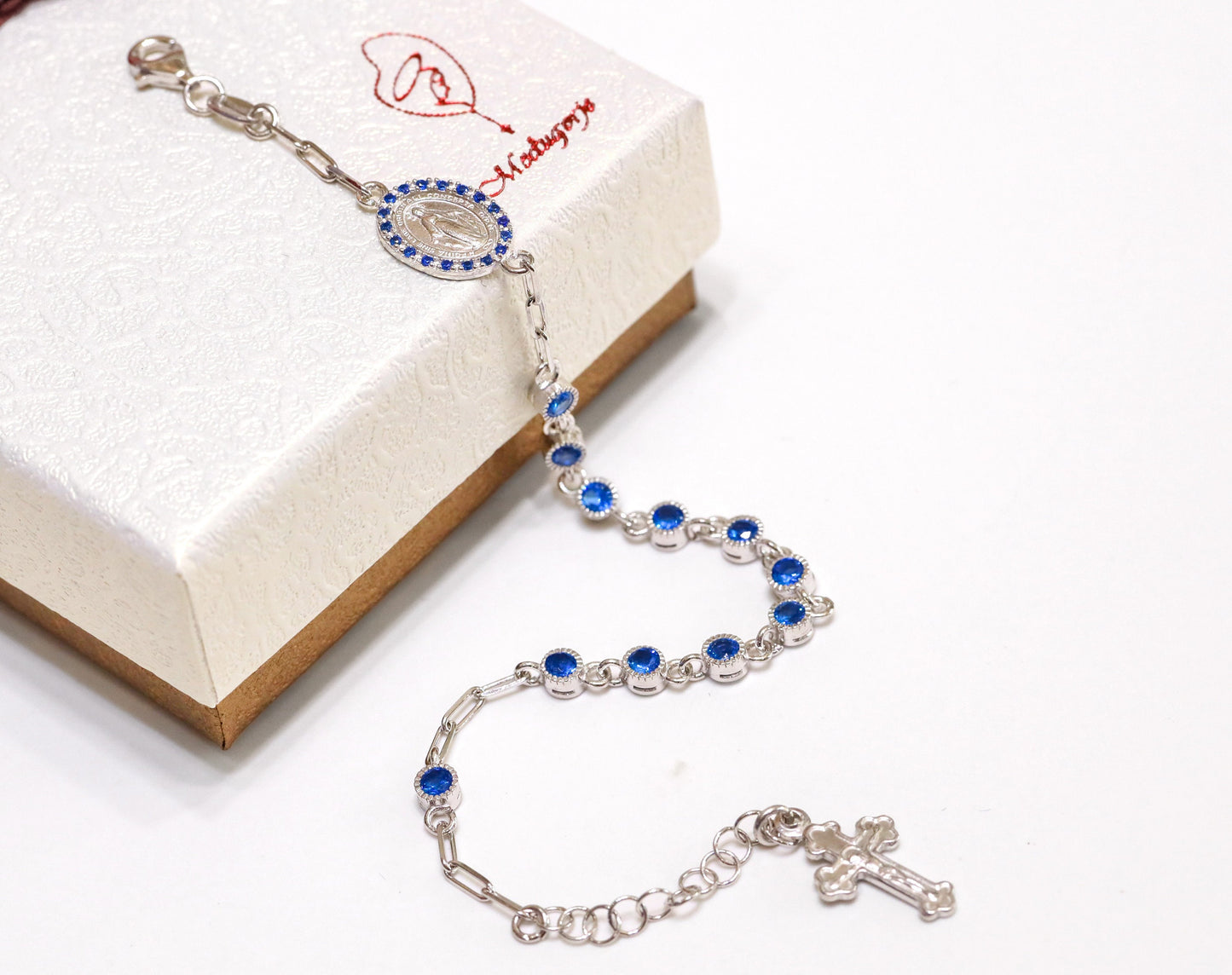 Miraculous Medal rosary, sterling silver 925, blue rhinestone rosary decade for women, solid silver catholic rosary bracelet, gift for mum