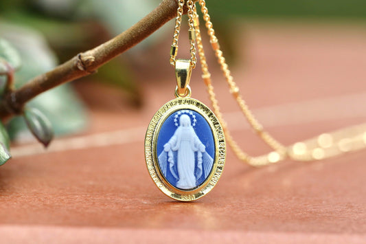 Miraculous Medal cameo pendant, 18 k gold plating over sterling silver, Our Lady of grace necklace pendant, blue agate Virgin Mar pendant