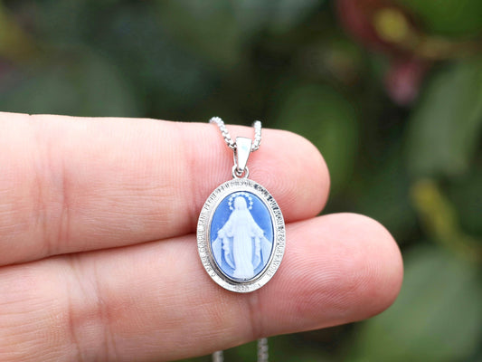 Miraculous Medal cameo , sterling silver 925, blue Miraculous Medal, Our Lady of Grace pendant for women, original French Miraculous Medal