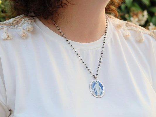 Large Miraculous Medal, sterling silver 925 Miraculous Medal, cameo style blue Miraculous Medal, Medal for catholic, family heirloom medal