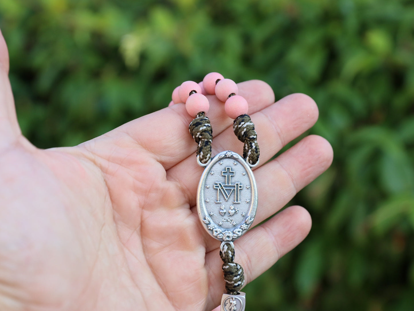 Large Pink accacia wood rosary beads Made with parcord , 10 mm beads rosary , St Benedict crucifih with Miraculous Medal centerpeace