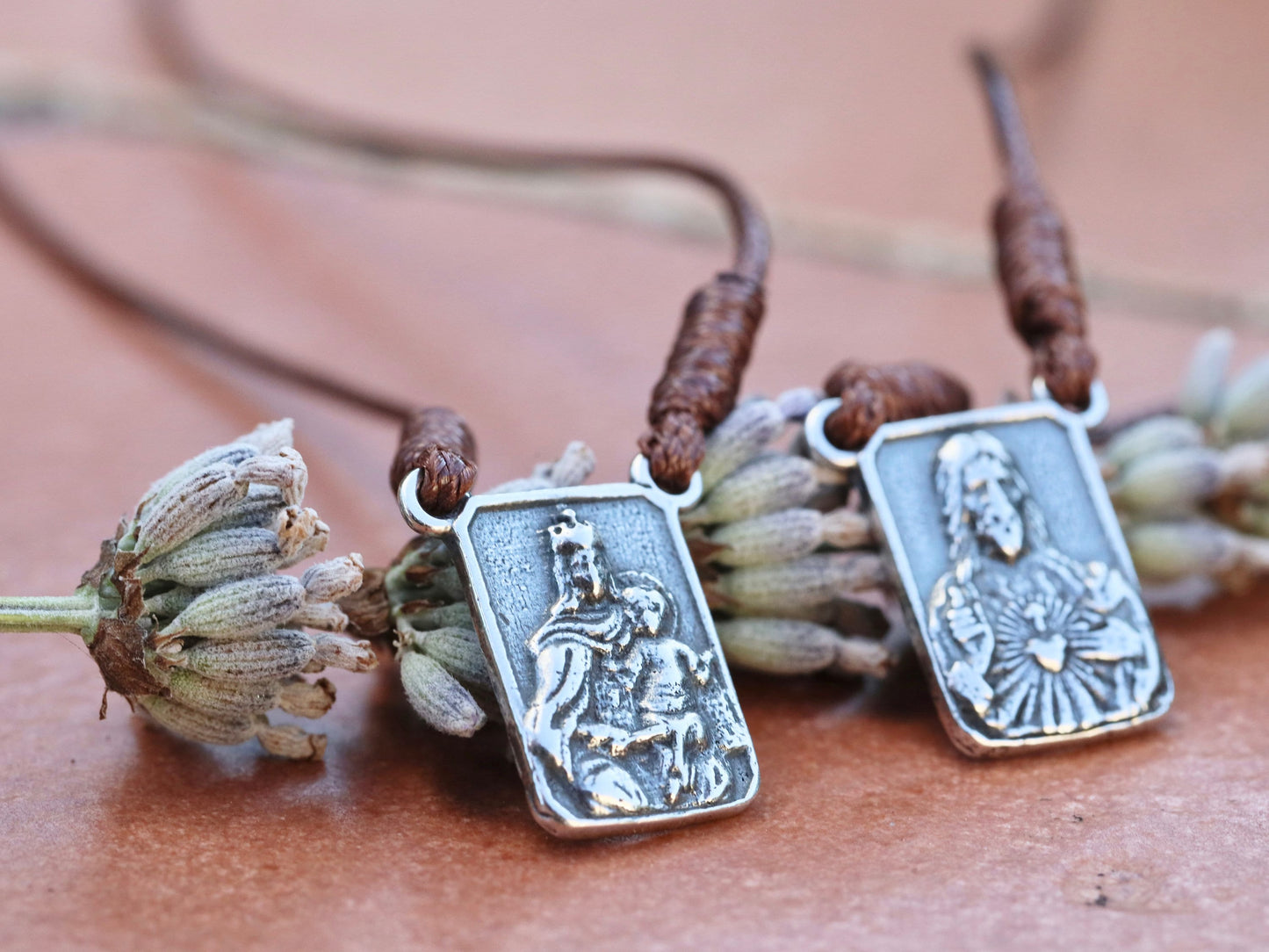 Vintage Sterling Silver Scapular Necklace with Sacred Heart of Jesus and Our Lady of Mt. Carmel Pendants, traditional Scapular necklace