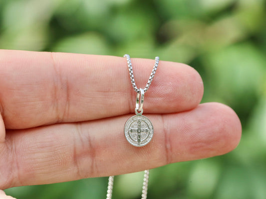 Miniature 10mm simple St. Benedict Sterling Silver Pendant | Rhodium Plated | Kids & Adults | Optional only medal, 18" or 20" Chain