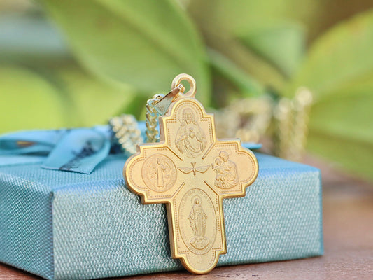 Sterling silver 4 way cross, 18 kt gold plated cross, cross with devotional saints, scapular cross, miraculous medal cross