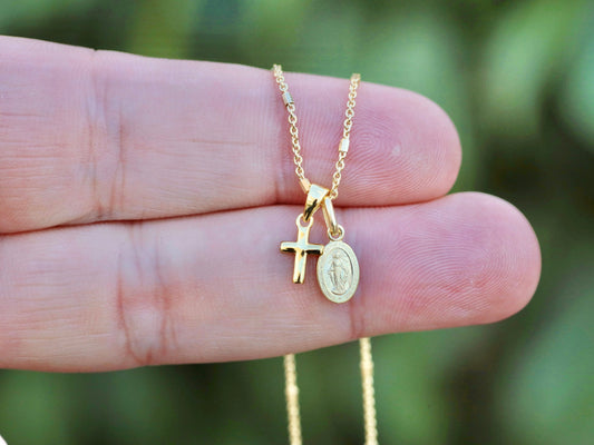 Minimalist Gold Plated Jewelry Set - Mini Cross Pendant, Miraculous Medal & Cross Earrings - Petite Size Sterling Silver 925 catholic set