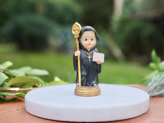 Miniature Statue of St. Benedict -9 cm  Resin Figurine for Kids' Baby Collection ,Perfect Birthday, Christmas, or Holy communion gift