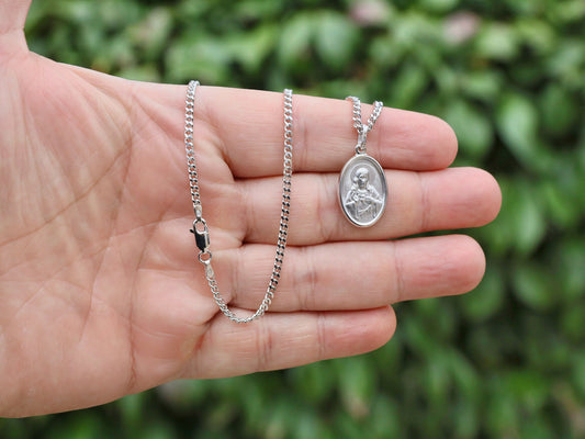 Scapular Medal with Sacred Heart and Our Lady - Rhodium Plated Sterling Silver - Choose Your Chain Length, Brown scapular medal